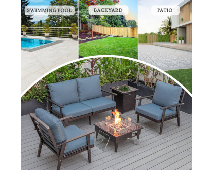 LeisureMod Walbrooke Modern Brown Patio Conversation With Square Fire Pit & Tank Holder - Navy Blue