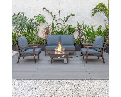 LeisureMod Walbrooke Modern Brown Patio Conversation With Square Fire Pit & Tank Holder - Navy Blue