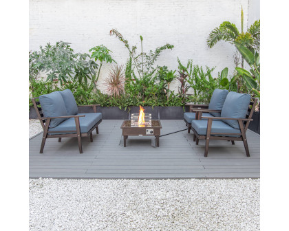 LeisureMod Walbrooke Modern Brown Patio Conversation With Square Fire Pit & Tank Holder - Navy Blue