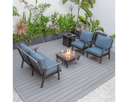 LeisureMod Walbrooke Modern Brown Patio Conversation With Square Fire Pit & Tank Holder - Navy Blue