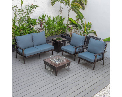 LeisureMod Walbrooke Modern Brown Patio Conversation With Square Fire Pit & Tank Holder - Navy Blue