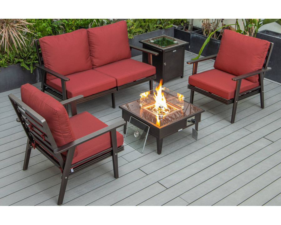 LeisureMod Walbrooke Modern Brown Patio Conversation With Square Fire Pit & Tank Holder - Red