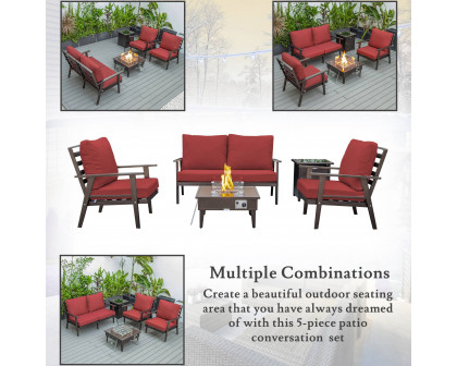 LeisureMod Walbrooke Modern Brown Patio Conversation With Square Fire Pit & Tank Holder - Red