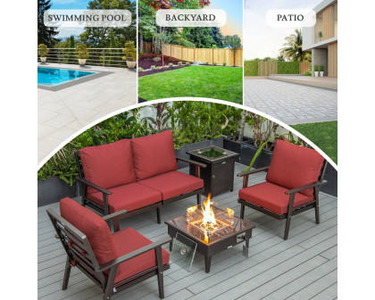 LeisureMod Walbrooke Modern Brown Patio Conversation With Square Fire Pit & Tank Holder - Red