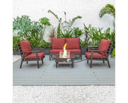 LeisureMod Walbrooke Modern Brown Patio Conversation With Square Fire Pit & Tank Holder - Red