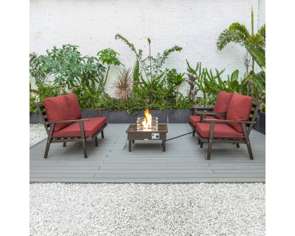 LeisureMod Walbrooke Modern Brown Patio Conversation With Square Fire Pit & Tank Holder - Red