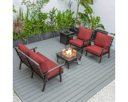 LeisureMod Walbrooke Modern Brown Patio Conversation With Square Fire Pit & Tank Holder - Red