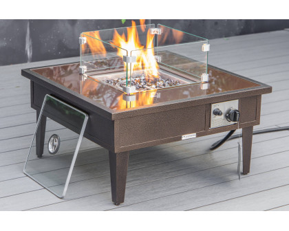 LeisureMod Walbrooke Modern Outdoor Square Fire Pit Table with Powder-Coated Aluminum Frame - Brown