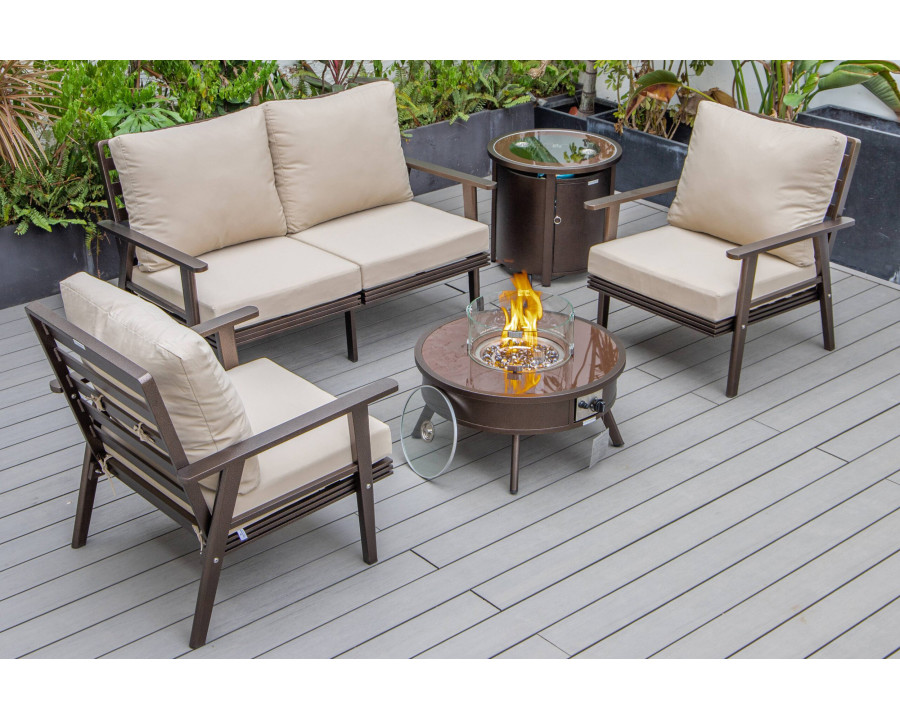 LeisureMod Walbrooke Modern Brown Patio Conversation With Round Fire Pit & Tank Holder - Beige