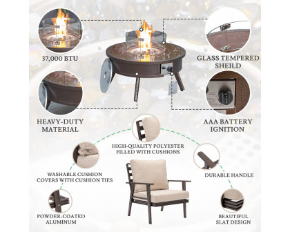 LeisureMod Walbrooke Modern Brown Patio Conversation With Round Fire Pit & Tank Holder - Beige