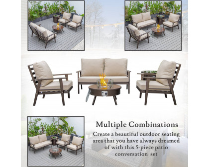 LeisureMod Walbrooke Modern Brown Patio Conversation With Round Fire Pit & Tank Holder - Beige