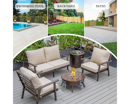 LeisureMod Walbrooke Modern Brown Patio Conversation With Round Fire Pit & Tank Holder - Beige