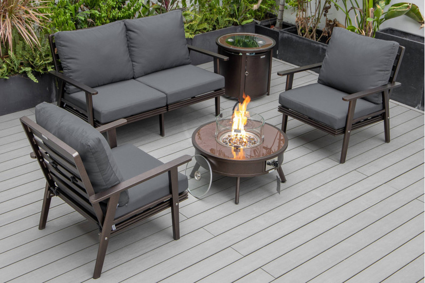 LeisureMod™ Walbrooke Modern Brown Patio Conversation With Round Fire Pit & Tank Holder - Charcoal