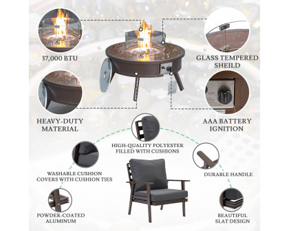 LeisureMod™ Walbrooke Modern Brown Patio Conversation With Round Fire Pit & Tank Holder - Charcoal