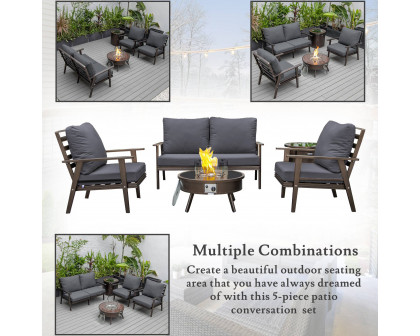 LeisureMod™ Walbrooke Modern Brown Patio Conversation With Round Fire Pit & Tank Holder - Charcoal