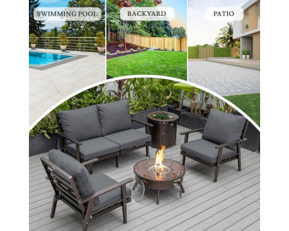 LeisureMod™ Walbrooke Modern Brown Patio Conversation With Round Fire Pit & Tank Holder - Charcoal