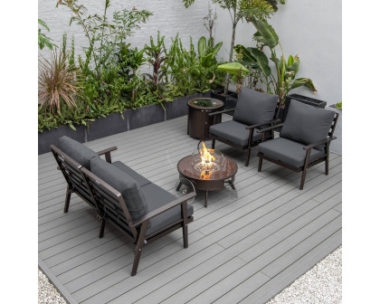 LeisureMod™ Walbrooke Modern Brown Patio Conversation With Round Fire Pit & Tank Holder - Charcoal