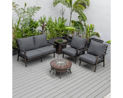 LeisureMod™ Walbrooke Modern Brown Patio Conversation With Round Fire Pit & Tank Holder - Charcoal