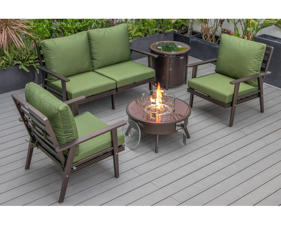 LeisureMod Walbrooke Modern Brown Patio Conversation With Round Fire Pit & Tank Holder - Green