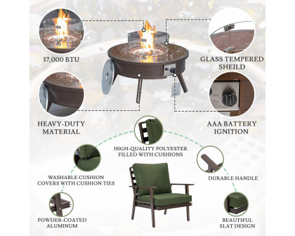 LeisureMod Walbrooke Modern Brown Patio Conversation With Round Fire Pit & Tank Holder - Green