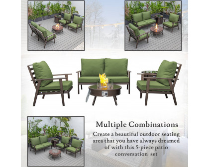 LeisureMod Walbrooke Modern Brown Patio Conversation With Round Fire Pit & Tank Holder - Green