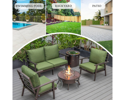 LeisureMod Walbrooke Modern Brown Patio Conversation With Round Fire Pit & Tank Holder - Green