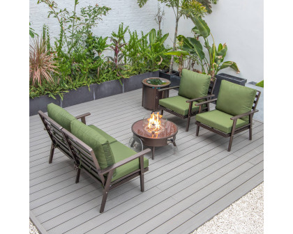 LeisureMod Walbrooke Modern Brown Patio Conversation With Round Fire Pit & Tank Holder - Green