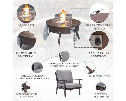 LeisureMod Walbrooke Modern Brown Patio Conversation With Round Fire Pit & Tank Holder - Gray