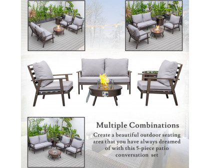 LeisureMod Walbrooke Modern Brown Patio Conversation With Round Fire Pit & Tank Holder - Gray