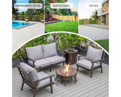 LeisureMod Walbrooke Modern Brown Patio Conversation With Round Fire Pit & Tank Holder - Gray