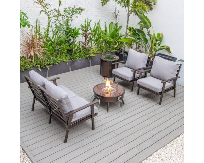 LeisureMod Walbrooke Modern Brown Patio Conversation With Round Fire Pit & Tank Holder - Gray