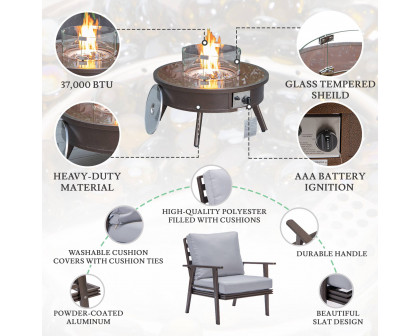 LeisureMod Walbrooke Modern Brown Patio Conversation With Round Fire Pit & Tank Holder - Light Gray