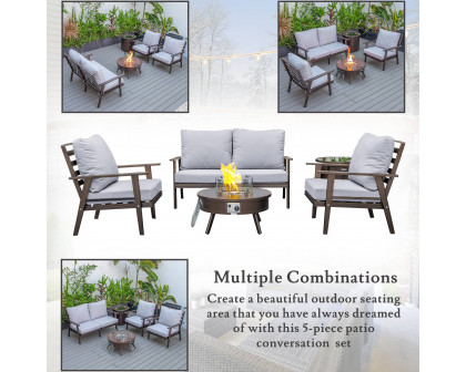 LeisureMod Walbrooke Modern Brown Patio Conversation With Round Fire Pit & Tank Holder - Light Gray