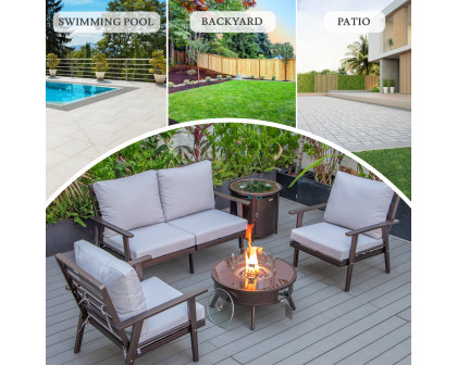 LeisureMod Walbrooke Modern Brown Patio Conversation With Round Fire Pit & Tank Holder - Light Gray