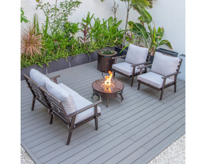 LeisureMod Walbrooke Modern Brown Patio Conversation With Round Fire Pit & Tank Holder - Light Gray