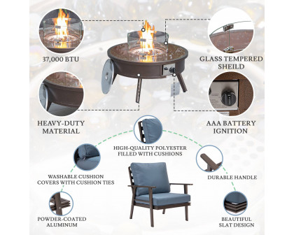 LeisureMod Walbrooke Modern Brown Patio Conversation With Round Fire Pit & Tank Holder - Navy Blue