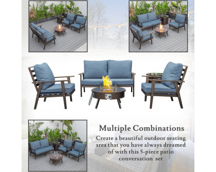 LeisureMod Walbrooke Modern Brown Patio Conversation With Round Fire Pit & Tank Holder - Navy Blue