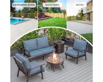 LeisureMod Walbrooke Modern Brown Patio Conversation With Round Fire Pit & Tank Holder - Navy Blue