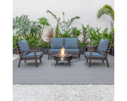 LeisureMod Walbrooke Modern Brown Patio Conversation With Round Fire Pit & Tank Holder - Navy Blue