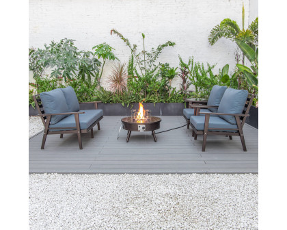 LeisureMod Walbrooke Modern Brown Patio Conversation With Round Fire Pit & Tank Holder - Navy Blue