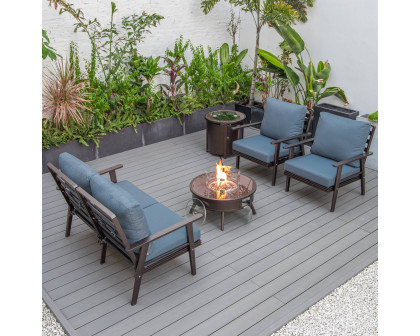 LeisureMod Walbrooke Modern Brown Patio Conversation With Round Fire Pit & Tank Holder - Navy Blue