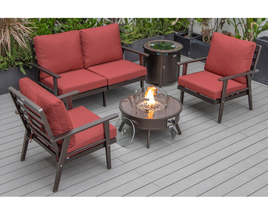 LeisureMod Walbrooke Modern Brown Patio Conversation With Round Fire Pit & Tank Holder - Red