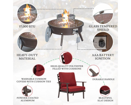 LeisureMod Walbrooke Modern Brown Patio Conversation With Round Fire Pit & Tank Holder - Red