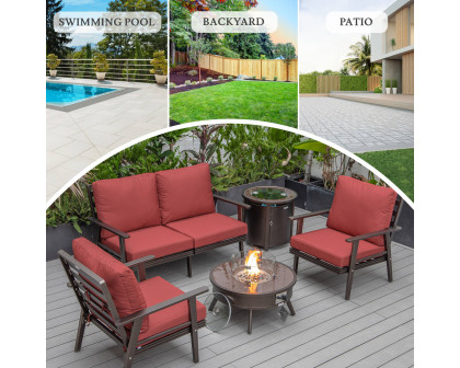 LeisureMod Walbrooke Modern Brown Patio Conversation With Round Fire Pit & Tank Holder - Red