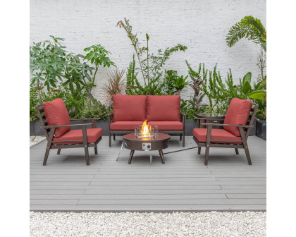 LeisureMod Walbrooke Modern Brown Patio Conversation With Round Fire Pit & Tank Holder - Red