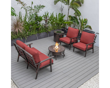 LeisureMod Walbrooke Modern Brown Patio Conversation With Round Fire Pit & Tank Holder - Red