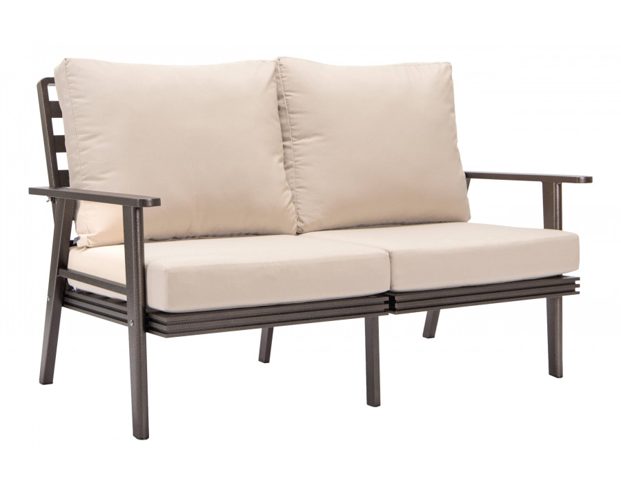 LeisureMod Walbrooke Modern Outdoor Patio Loveseat with Brown Aluminum Frame and Removable Cushions - Beige