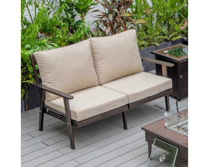 LeisureMod Walbrooke Modern Outdoor Patio Loveseat with Brown Aluminum Frame and Removable Cushions - Beige