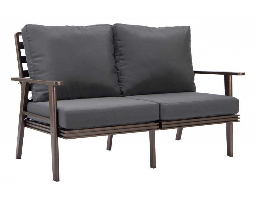 LeisureMod Walbrooke Modern Outdoor Patio Loveseat with Brown Aluminum Frame and Removable Cushions - Charcoal