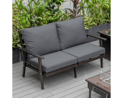 LeisureMod Walbrooke Modern Outdoor Patio Loveseat with Brown Aluminum Frame and Removable Cushions - Charcoal